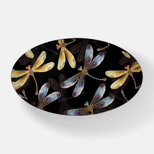 Seamless Pattern with Golden Dragonflies Paperweight (Front)