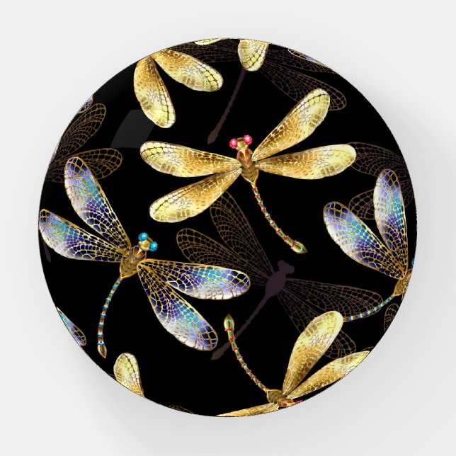 Seamless Pattern with Golden Dragonflies Paperweight (Front)
