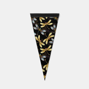 Seamless Pattern with Golden Dragonflies Pennant Flag