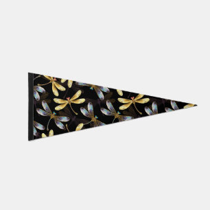 Seamless Pattern with Golden Dragonflies Pennant Flag