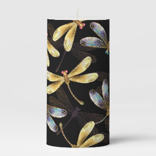 Seamless Pattern with Golden Dragonflies Pillar Candle