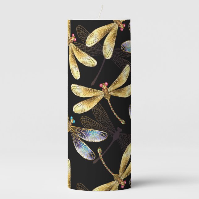 Seamless Pattern with Golden Dragonflies Pillar Candle (Front)