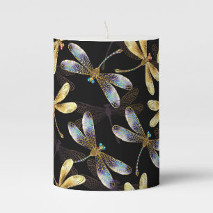 Seamless Pattern with Golden Dragonflies Pillar Candle