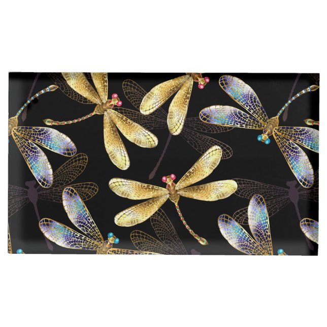 Seamless Pattern with Golden Dragonflies Place Card Holder (Front)