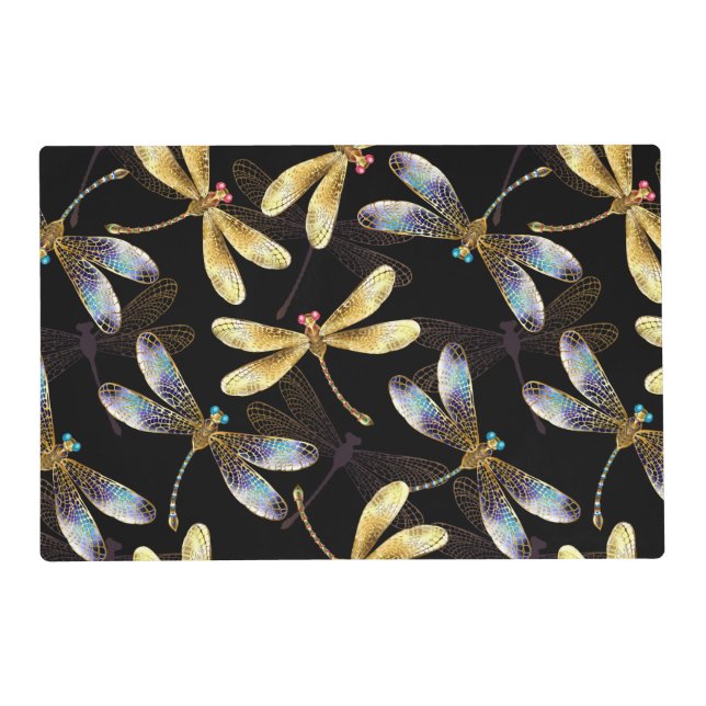 Seamless Pattern with Golden Dragonflies Placemat (Front)