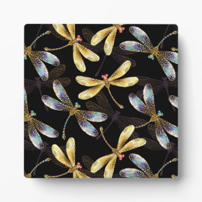 Seamless Pattern with Golden Dragonflies Plaque