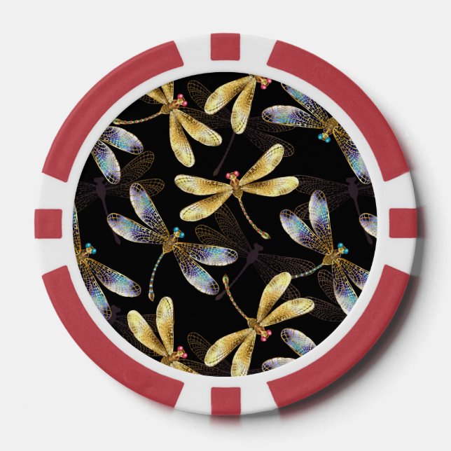 Seamless Pattern with Golden Dragonflies Poker Chips (Front)