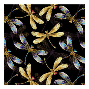 Seamless Pattern with Golden Dragonflies Poster