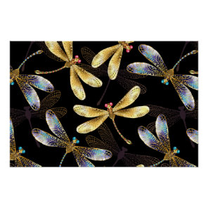 Seamless Pattern with Golden Dragonflies Poster
