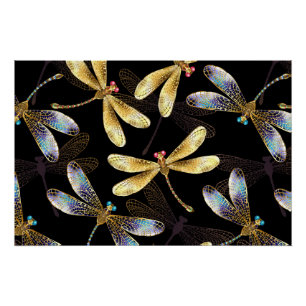 Seamless Pattern with Golden Dragonflies Poster