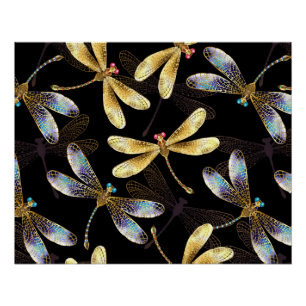 Seamless Pattern with Golden Dragonflies Poster