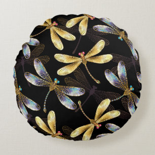 Seamless Pattern with Golden Dragonflies Round Pillow