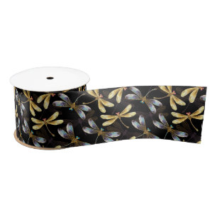 Seamless Pattern with Golden Dragonflies Satin Ribbon