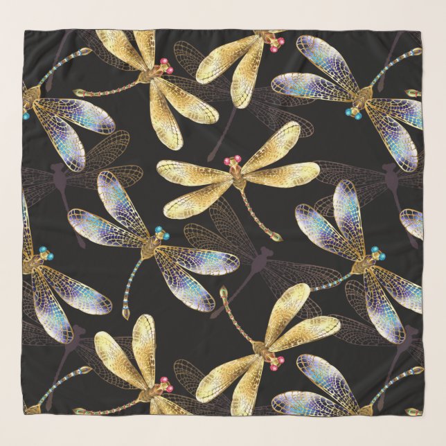 Seamless Pattern with Golden Dragonflies Scarf (Front)