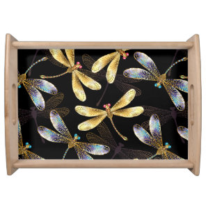 Seamless Pattern with Golden Dragonflies Serving Tray