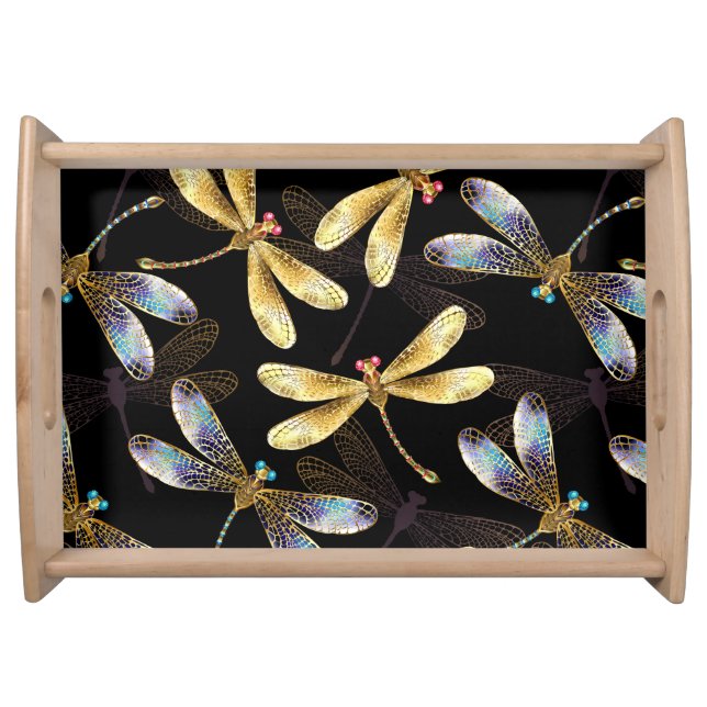 Seamless Pattern with Golden Dragonflies Serving Tray (Front)