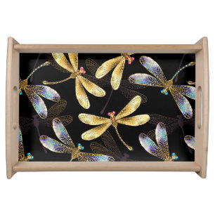Seamless Pattern with Golden Dragonflies Serving Tray