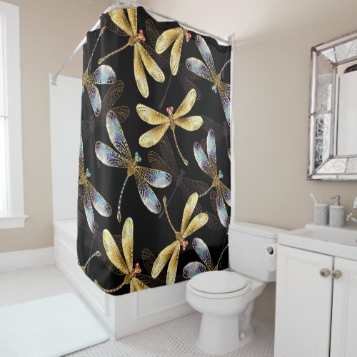 Seamless Pattern with Golden Dragonflies Shower Curtain