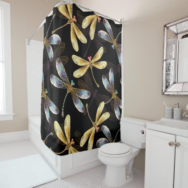 Seamless Pattern with Golden Dragonflies Shower Curtain (In Situ)