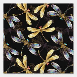 Seamless Pattern with Golden Dragonflies Sign