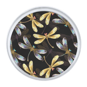 Seamless Pattern with Golden Dragonflies Silver Finish Lapel Pin