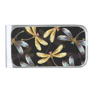 Seamless Pattern with Golden Dragonflies Silver Finish Money Clip