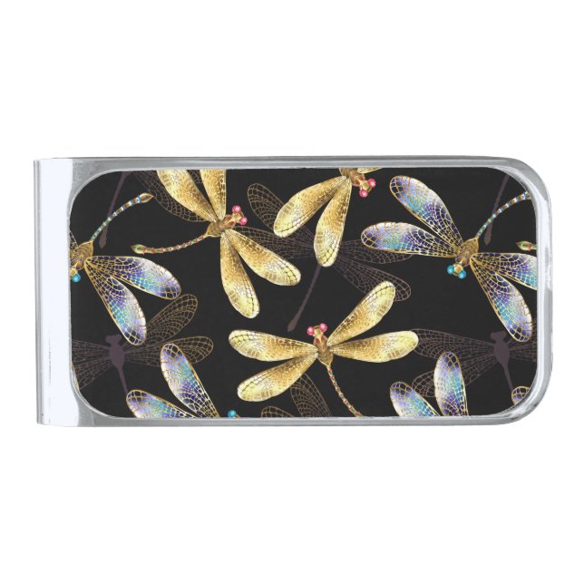 Seamless Pattern with Golden Dragonflies Silver Finish Money Clip (Front)