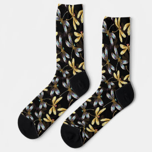Seamless Pattern with Golden Dragonflies Socks