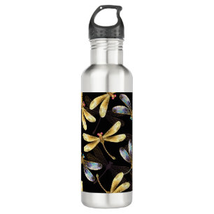 Seamless Pattern with Golden Dragonflies Stainless Steel Water Bottle