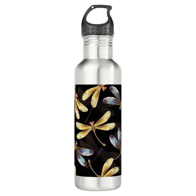 Seamless Pattern with Golden Dragonflies Stainless Steel Water Bottle (Front)