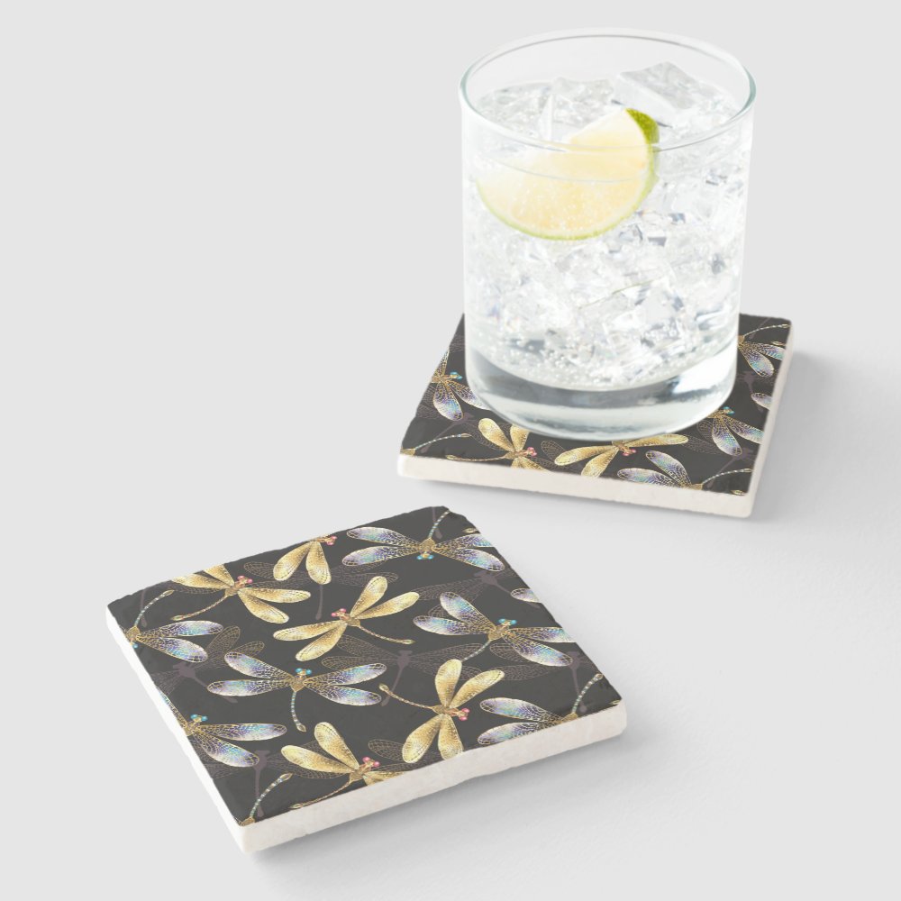 Disover Seamless Pattern with Golden Dragonflies Stone Coaster