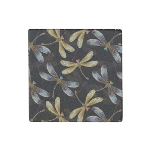 Seamless Pattern with Golden Dragonflies Stone Magnet