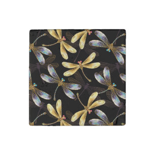 Seamless Pattern with Golden Dragonflies Stone Magnet