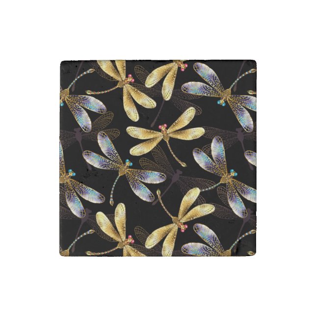 Seamless Pattern with Golden Dragonflies Stone Magnet (Front)
