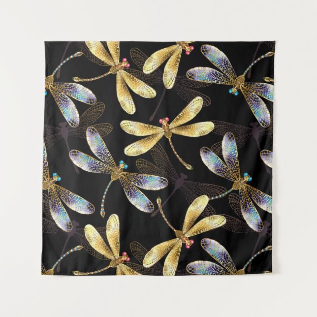 Seamless Pattern with Golden Dragonflies Tapestry (Front)