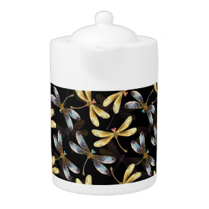 Seamless Pattern with Golden Dragonflies Teapot