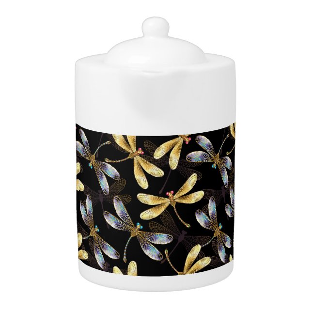 Seamless Pattern with Golden Dragonflies Teapot (Front)