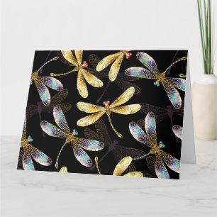 Seamless Pattern with Golden Dragonflies Thank You Card