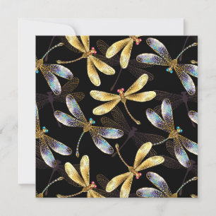 Seamless Pattern with Golden Dragonflies Thank You Card
