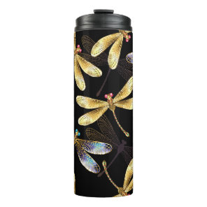 Seamless Pattern with Golden Dragonflies Thermal Tumbler