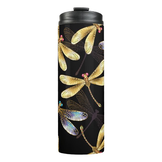 Seamless Pattern with Golden Dragonflies Thermal Tumbler (Front)