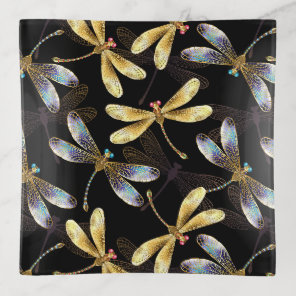 Seamless Pattern with Golden Dragonflies Trinket Tray