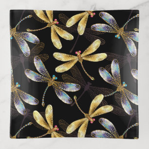 Seamless Pattern with Golden Dragonflies Trinket Tray