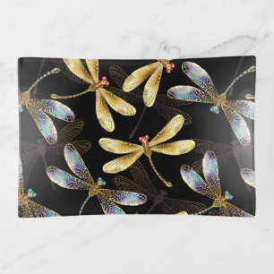 Seamless Pattern with Golden Dragonflies Trinket Tray