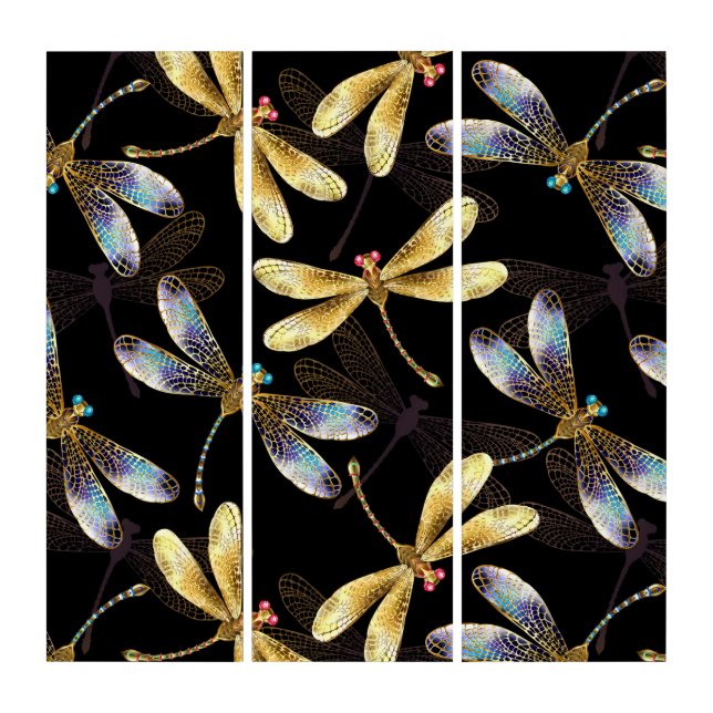 Seamless Pattern with Golden Dragonflies Triptych (Front)