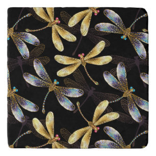 Seamless Pattern with Golden Dragonflies Trivet