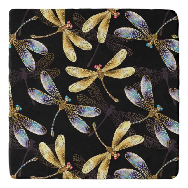 Seamless Pattern with Golden Dragonflies Trivet (Front)
