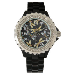 Seamless Pattern with Golden Dragonflies Watch