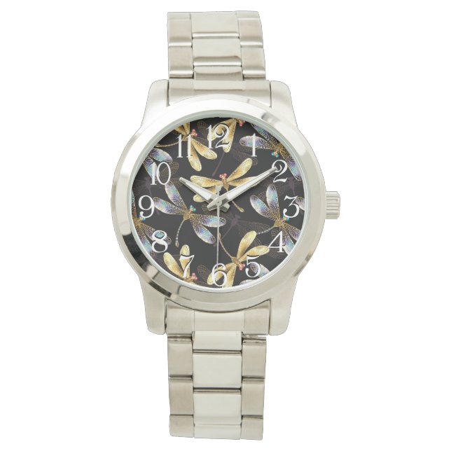 Seamless Pattern with Golden Dragonflies Watch (Front)