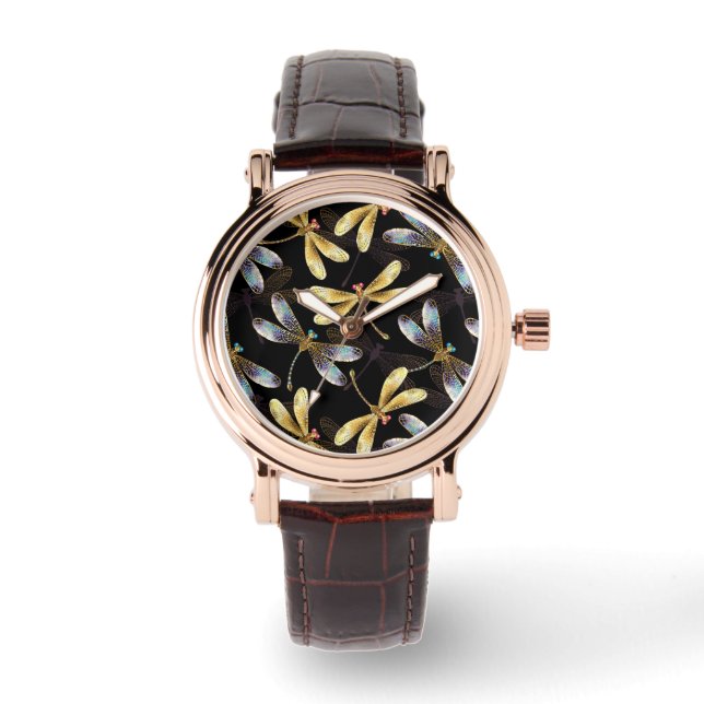 Seamless Pattern with Golden Dragonflies Watch (Front)
